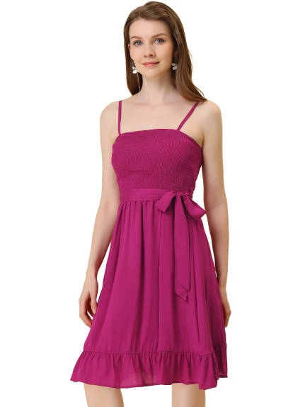 Allegra K- Smocked Spaghetti Strap Tie Waist Ruffle Cami Dress