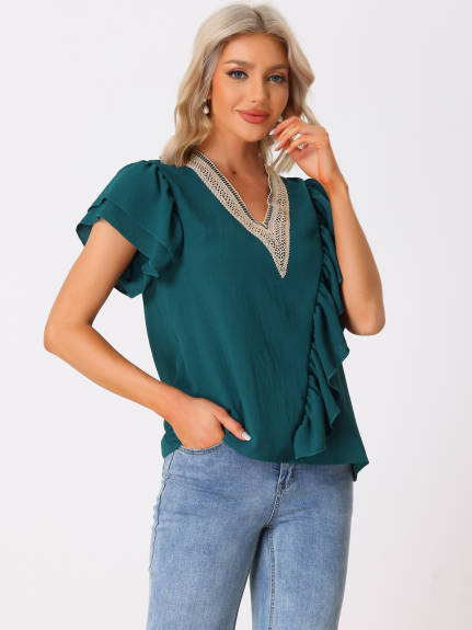 Allegra K - Ruffle Short Sleeve V Neck Blouse