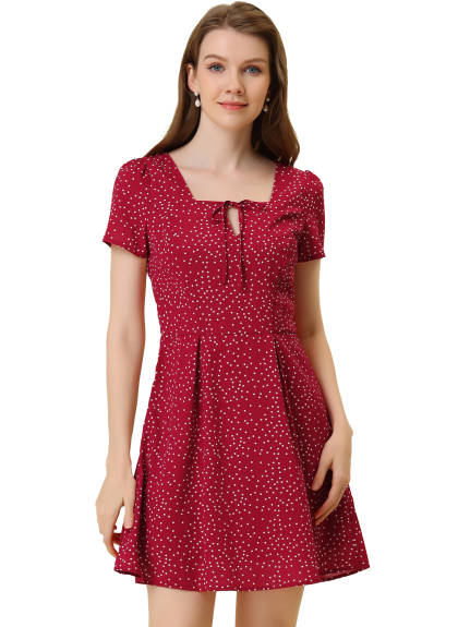 Allegra K- Printed Square Neck Short Sleeve A-Line Dress