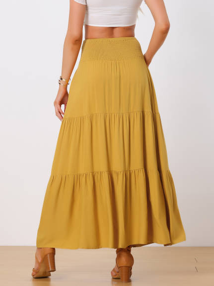 Allegra K- Elastic High Waist Boho Tiered Summer Maxi Skirt