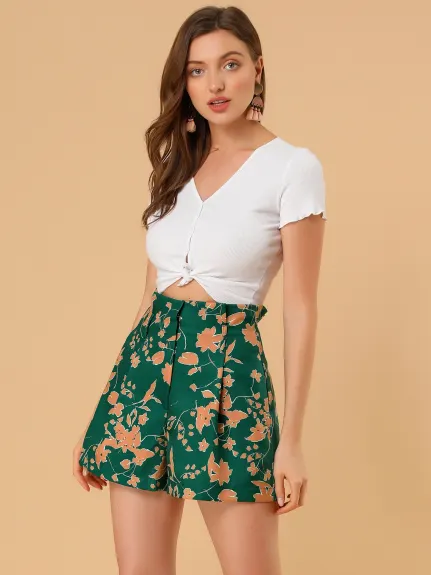 Allegra K - Summer High Waist Floral Paper Bag Shorts