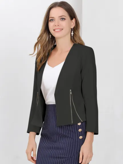 Allegra K- Open Front Zipper Collarless Cropped Blazer