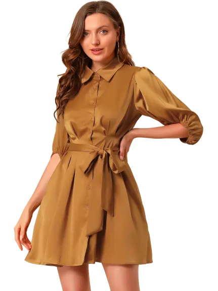 Allegra K- Pleated Waist Belted A-Line Shirt Dress