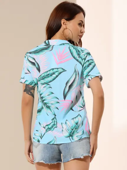 Allegra K- Beach Tropical Floral Leaves Button Down Shirts