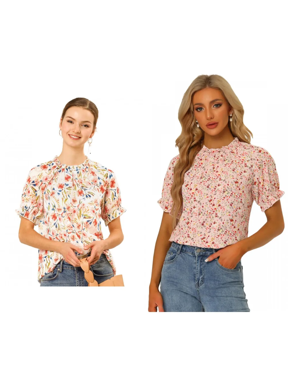 Allegra K- Blouse florale à manches courtes et col à volants