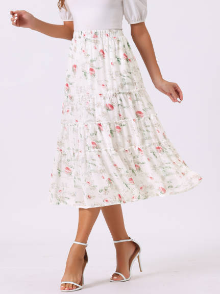 Allegra K- Floral Tiered A-Line Long Chiffon Skirts