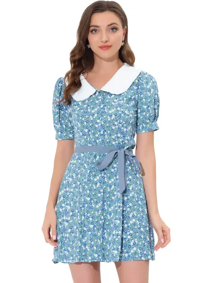 Allegra K- Robe chemise à manches courtes avec nœud papillon et fleurs