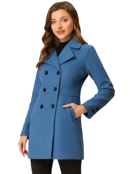 Allegra K- Notched Lapel Double Breasted Mid-Lentgh Overcoat