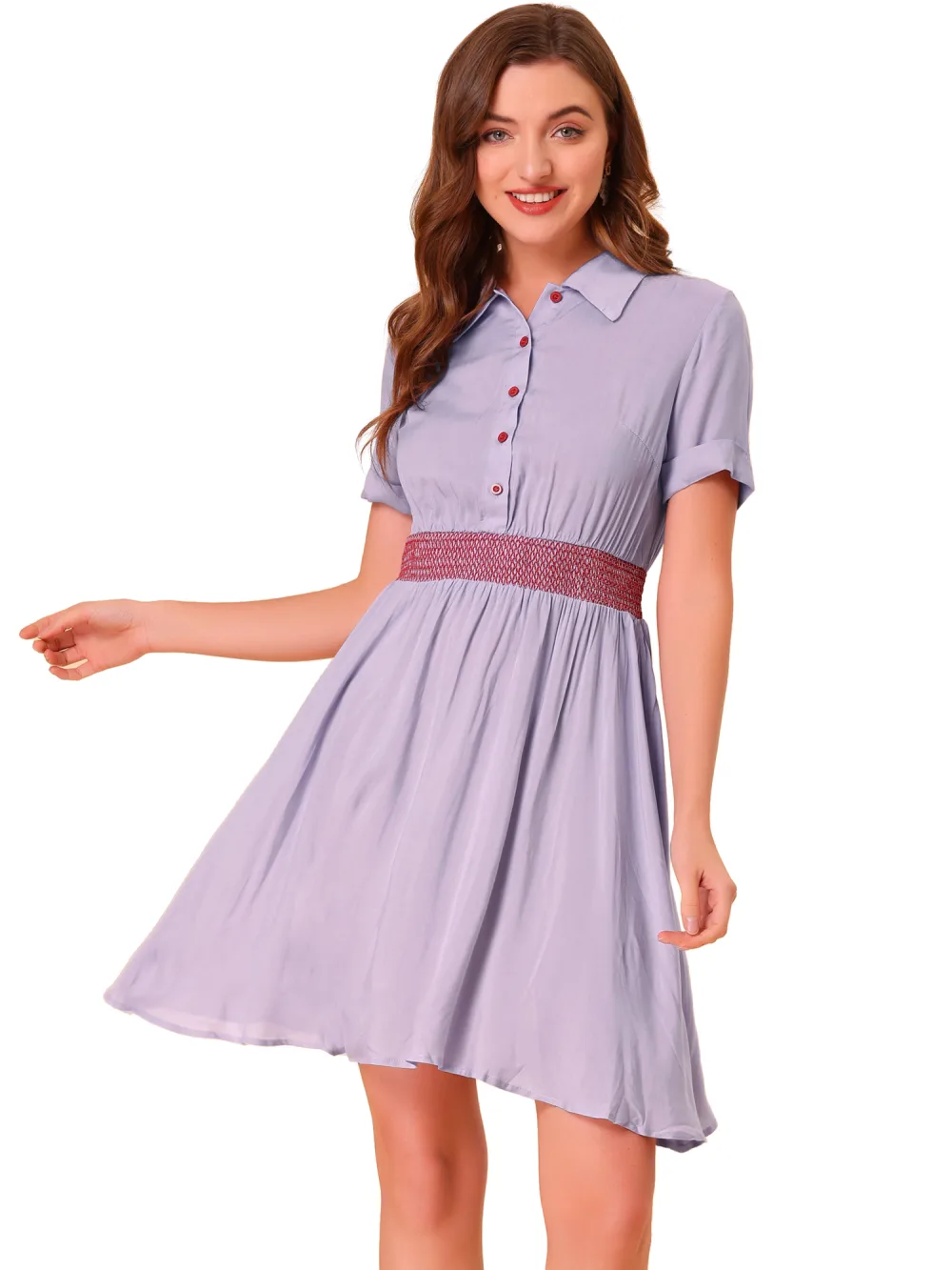 Allegra K- A-line Buttons Smocked Color Block Summer Flare Dress