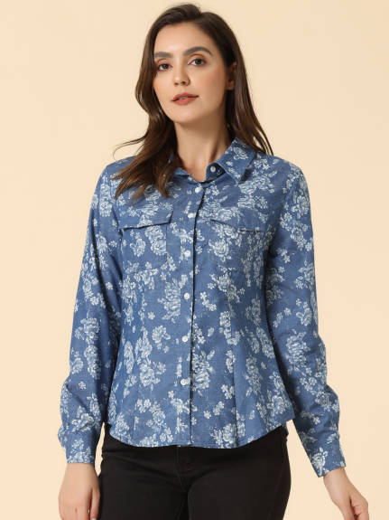 Allegra K- Denim Poplin Button Down Shirt