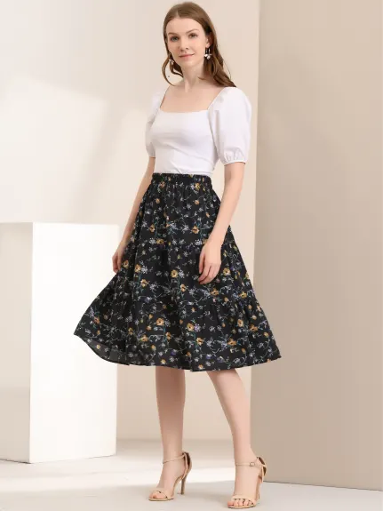 Allegra K- Floral Printed Elastic Waist A-Line Midi Skirt