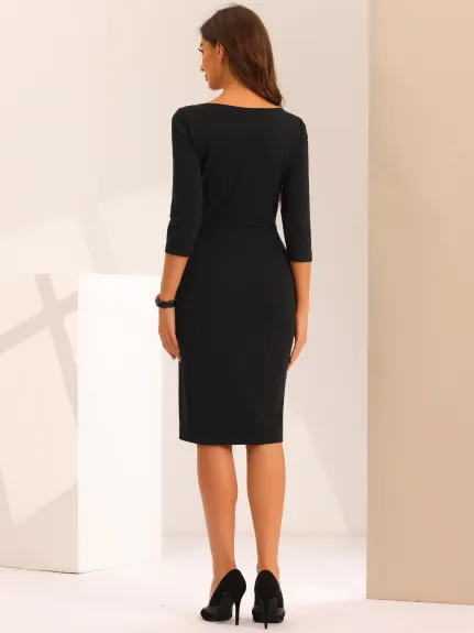 Allegra K - Notch Neck 3/4 Sleeve Business Midi Dress