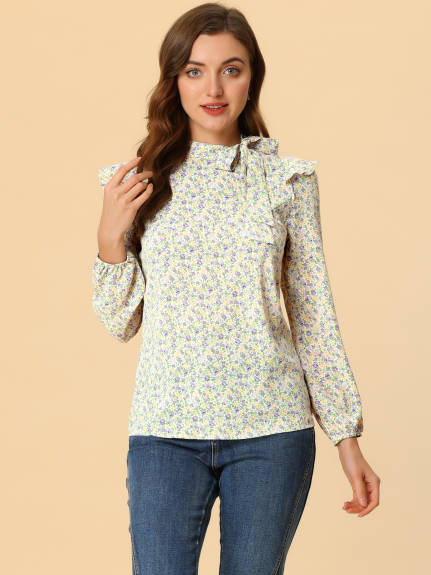 Allegra K- Side Bow Tie Neck Ruffled Floral Blouse