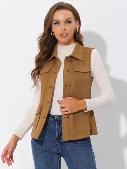 Allegra K- veste en daim Faux veste boutonnée avec poche Cargo