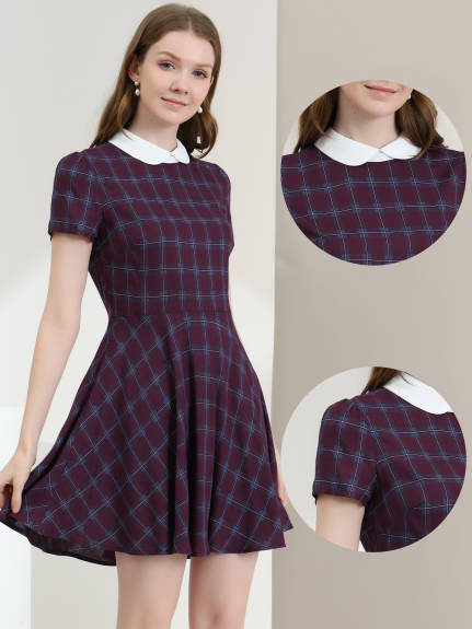 Allegra K- Peter Pan Collar Puff Sleeves Above Knee Plaid Grid Dress