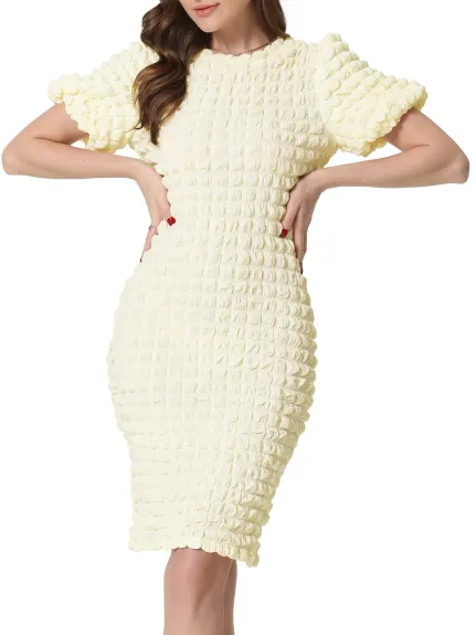 Allegra K- Popcorn Puff Sleeve Midi Dress