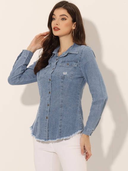 Allegra K- Point Collar Distressed Raw Hem Denim Shirt