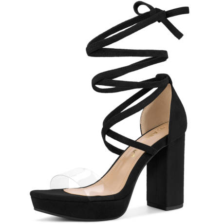 Allegra K - Clear Strap Platform Lace Up Heeled Sandals