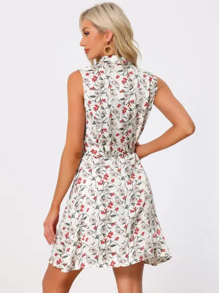 Allegra K - Sleeveless Turndown Collar Above Knee Button Down Floral Print Dress