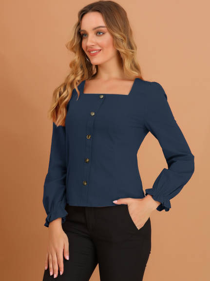 Allegra K- Square Neck Button Ruffle Cuff Long Sleeve Blouse