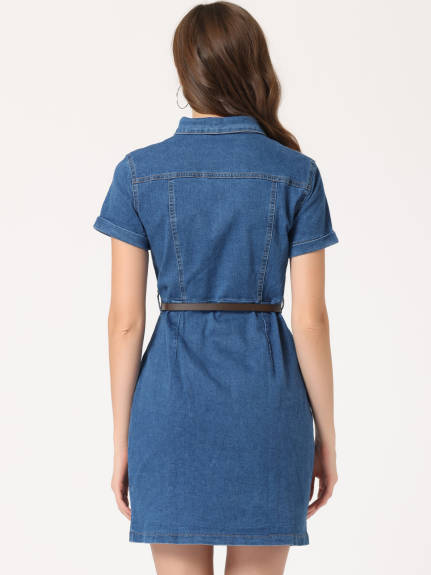 Allegra K- Collar Short Sleeve Belted Denim Shirt Dress