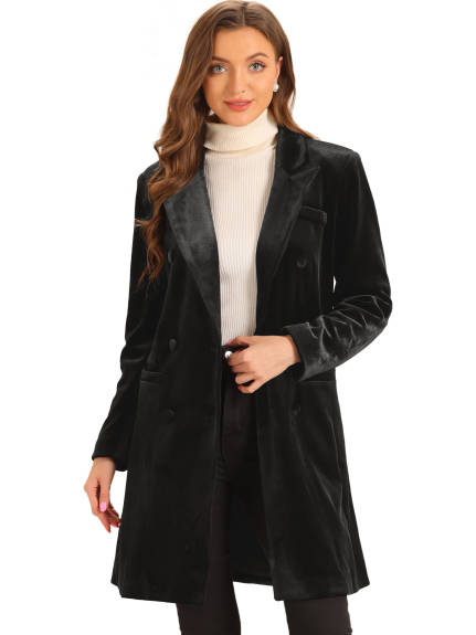 Allegra K - Velvet Double-Breasted Long Winter Coat