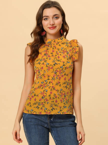 Allegra K - Casual Stand Collar Sleeveless Summer Floral Top