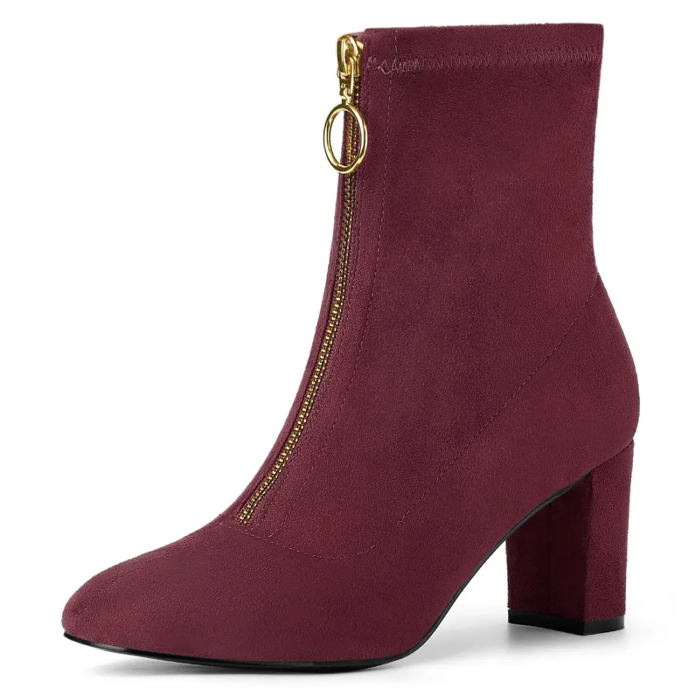 Allegra K - Faux Suede Square Toe Block Heel Ankle Boot
