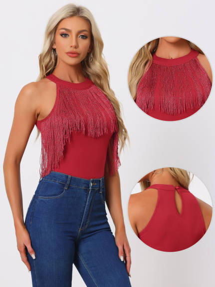 Allegra K - Fringe Trim Halter Neck Bodysuit