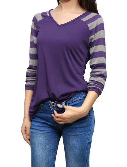 Allegra K- Stripe Raglan Long Sleeve V Neck T-Shirt