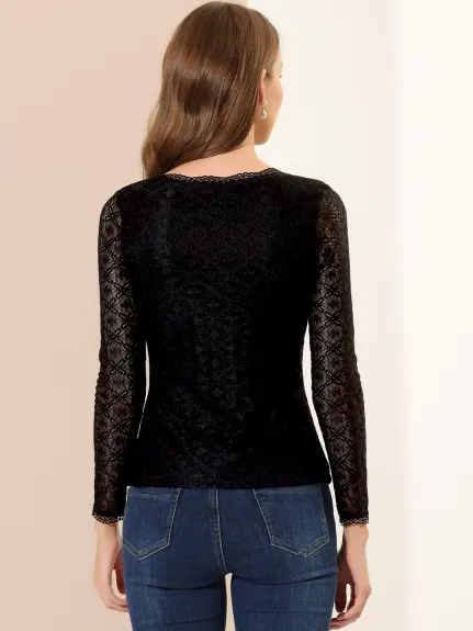 Allegra K- Round Neck Long Sleeve Embroidery Lace Blouse