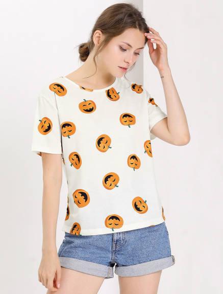 Allegra K- Short Sleeve Pmpkin Banana Print Cute T-Shirt