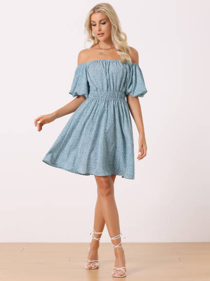 Allegra K- Off Shoulder Puff Sleeve Floral Dress