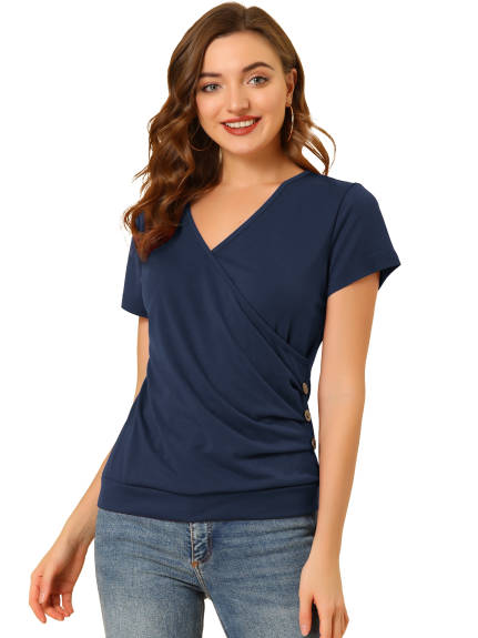 Allegra K - Wrap V Neck Short Sleeve Ruched Top