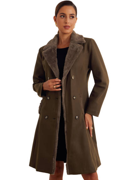 Allegra K - Manteau Long à Double Boutonnage avec Col en Fausse Fourrure