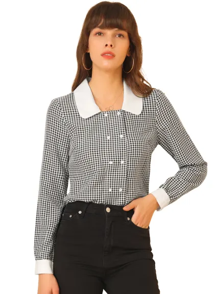 Allegra K - Vintage Contrast Collar Gingham Shirt