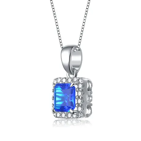 Genevive Sterling Silver with Colored Cubic Zirconia Asscher Cut Square Framed Drop Pendant Necklace