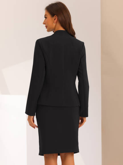 Allegra K - Collarless Blazer and Pencil Skirt Suit