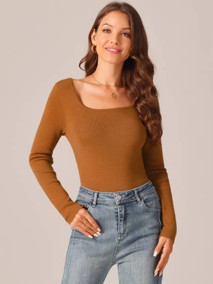 Allegra K - Square Neck Long Sleeve Knit Bodysuit