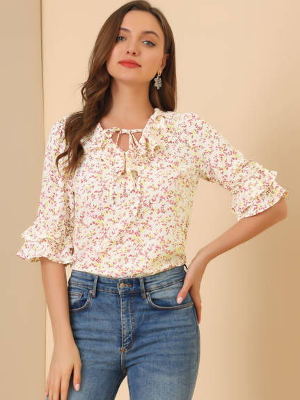 Allegra K - Tie Neck Elbow Sleeve Floral Chiffon Blouse