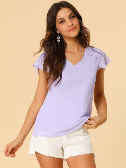 Allegra K- Chiffon Blouse Pleat V Neck Semi Sheer Top