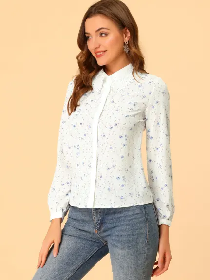 Allegra K - Floral Lace Contrast Collar Button Down Shirt
