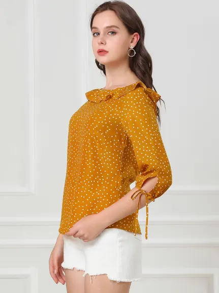 Allegra K- Ruffled Neck Half Sleeve Sheer Polka Dots Blouse