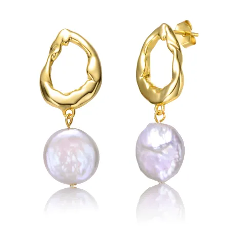 Genevive Sterling Silver 14k Yellow Gold Plated with White Coin Pearl Twisted Halo Circle Dangle Drop Earrings