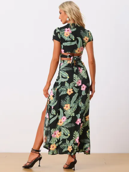 Allegra K - Tropical Wrap Crop Top Maxi Skirt Outfits