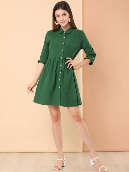 Allegra K- 3/4 Sleeve Button Up Flare Shirt Dress