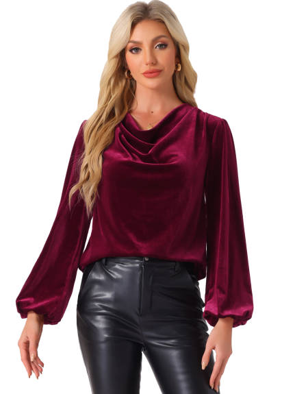 INSPIRE CHIC - Cowl Neck Lantern Long Sleeve Velvet Blouse