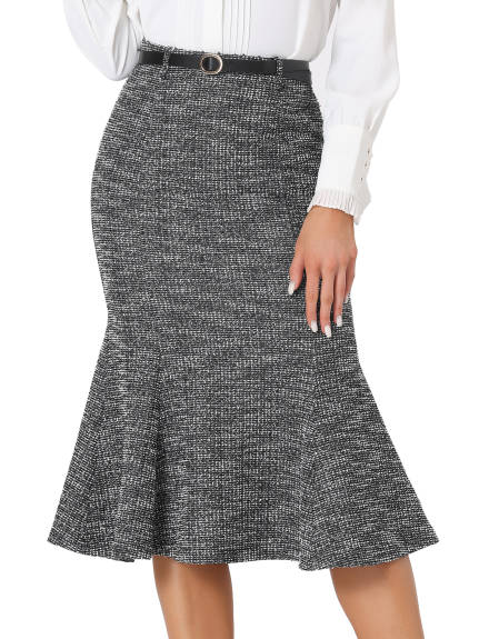 Allegra K- Tweed Plaid Belted Fishtail Bodycon Midi Skirt