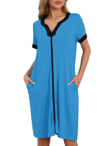 Cheibear - Zipper Front Short Sleeve Nightgown