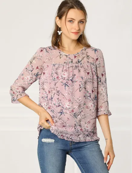 Allegra K- Floral Ruffled 3/4 Sleeve Chiffon Blouse